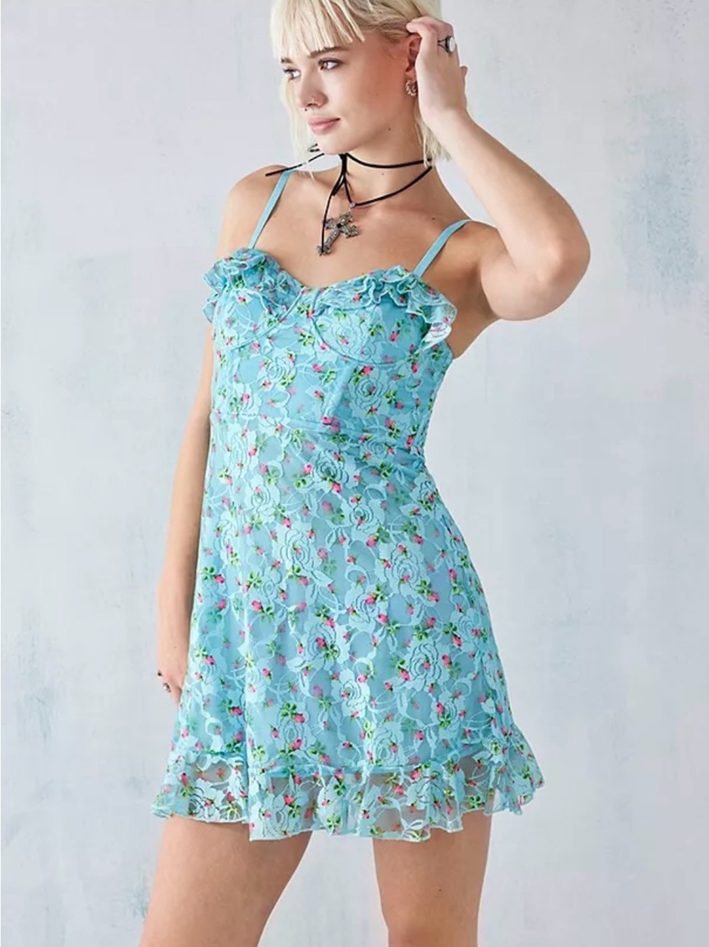 Betsey Johnson Aqua Pink Floral Lacey Mini Dress - Picture 4 of 7
